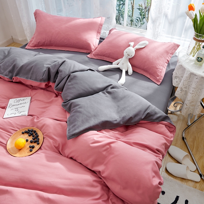 91家纺网 家纺一手货源 找家纺 贝拉梦 2021新款纯色拼色美棉系列四件套 豆沙深灰