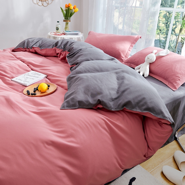 91家纺网 家纺一手货源 找家纺 贝拉梦 2021新款纯色拼色美棉系列四件套 豆沙深灰