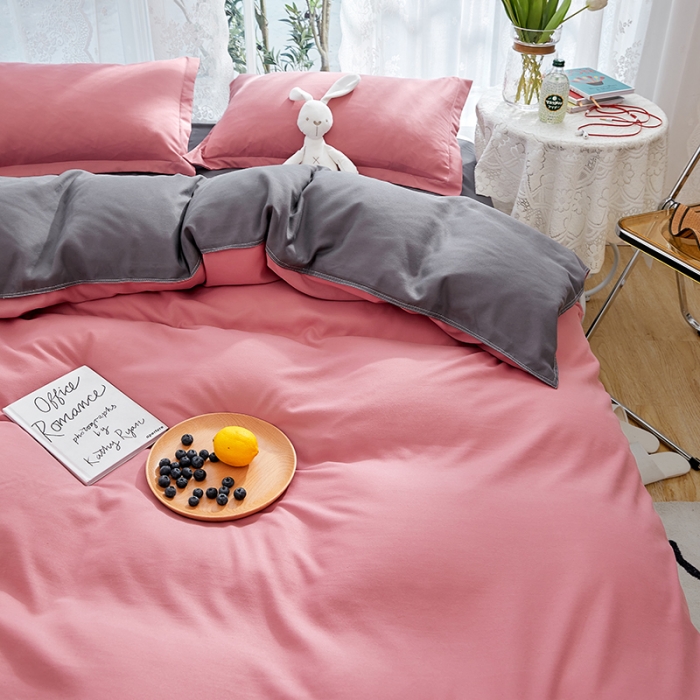 91家纺网 家纺一手货源 找家纺 贝拉梦 2021新款纯色拼色美棉系列四件套 豆沙深灰