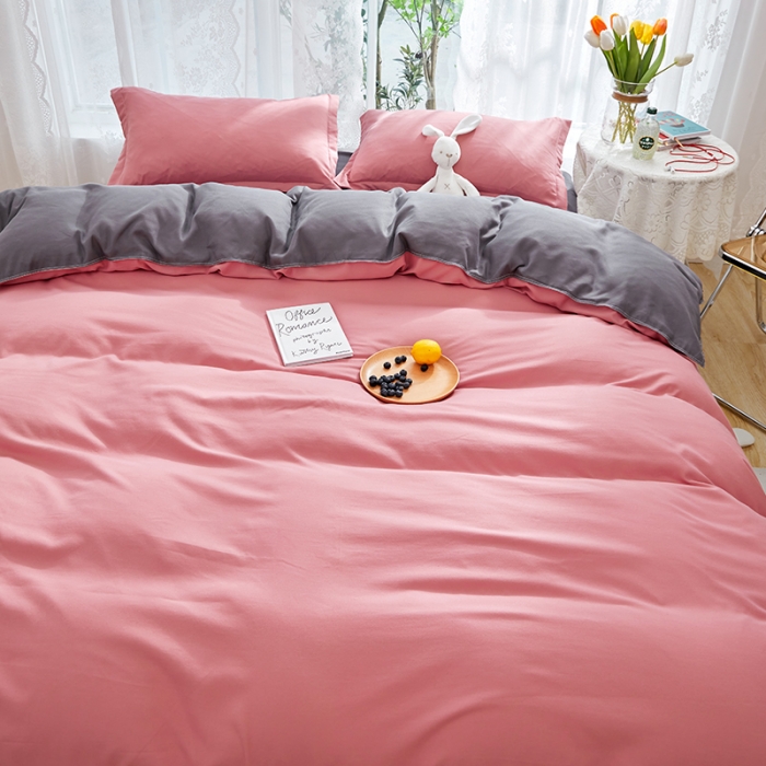 91家纺网 家纺一手货源 找家纺 贝拉梦 2021新款纯色拼色美棉系列四件套 豆沙深灰