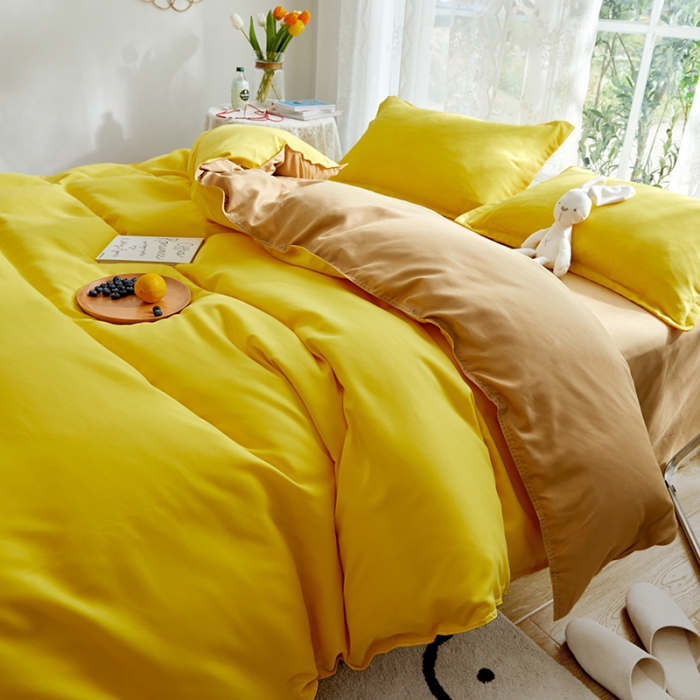 91家纺网 家纺一手货源 找家纺 贝拉梦 2021新款纯色拼色美棉系列四件套 柠檬米驼