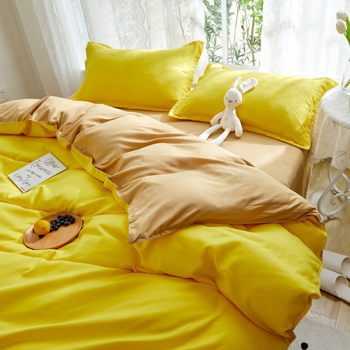 91家纺网 家纺一手货源 找家纺 贝拉梦 2021新款纯色拼色美棉系列四件套 柠檬米驼