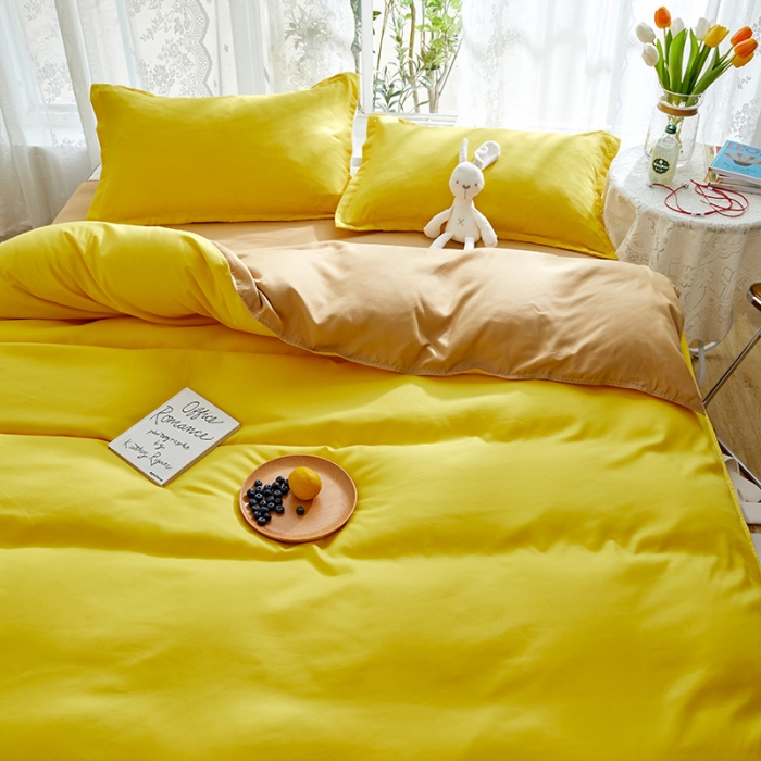 91家纺网 家纺一手货源 找家纺 贝拉梦 2021新款纯色拼色美棉系列四件套 柠檬米驼