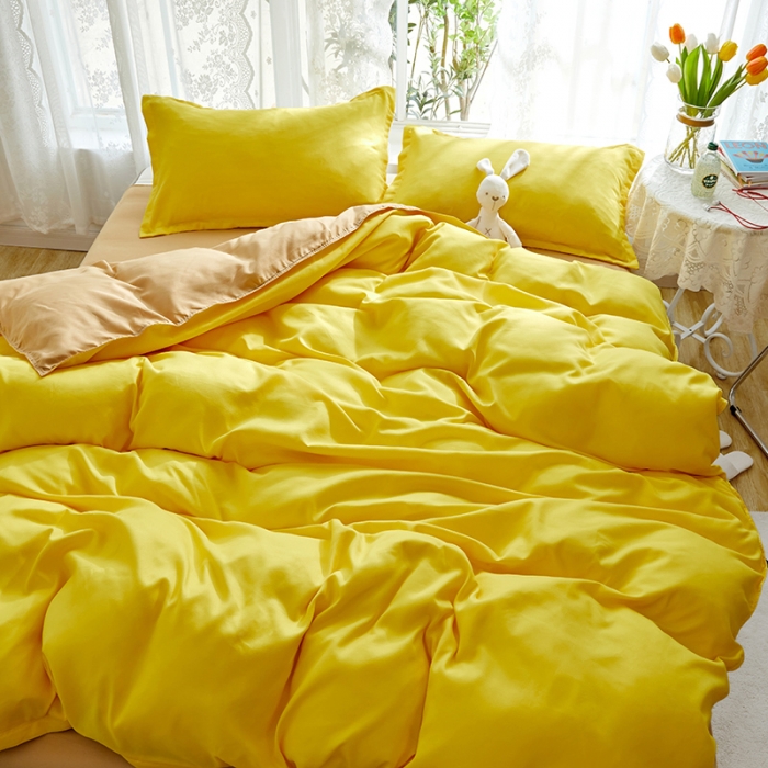 91家纺网 家纺一手货源 找家纺 贝拉梦 2021新款纯色拼色美棉系列四件套 柠檬米驼