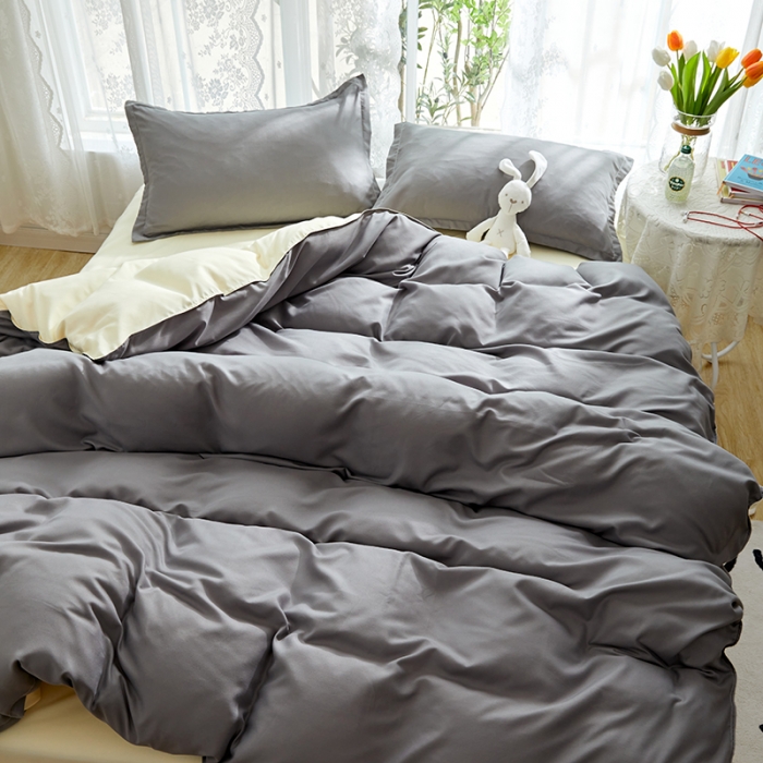 91家纺网 家纺一手货源 找家纺 贝拉梦 2021新款纯色拼色美棉系列四件套 浅灰米色