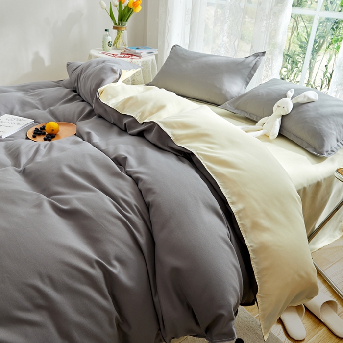 91家纺网 家纺一手货源 找家纺 贝拉梦 2021新款纯色拼色美棉系列四件套 浅灰米色