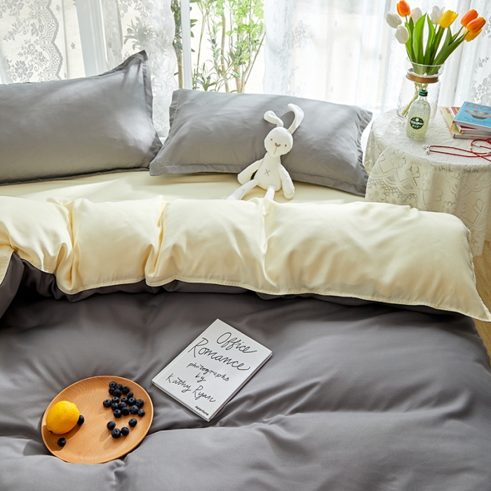 91家纺网 家纺一手货源 找家纺 贝拉梦 2021新款纯色拼色美棉系列四件套 浅灰米色