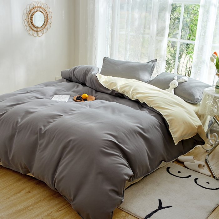 91家纺网 家纺一手货源 找家纺 贝拉梦 2021新款纯色拼色美棉系列四件套 浅灰米色