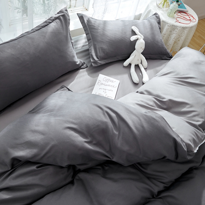 91家纺网 家纺一手货源 找家纺 贝拉梦 2021新款纯色拼色美棉系列四件套 深灰浅灰