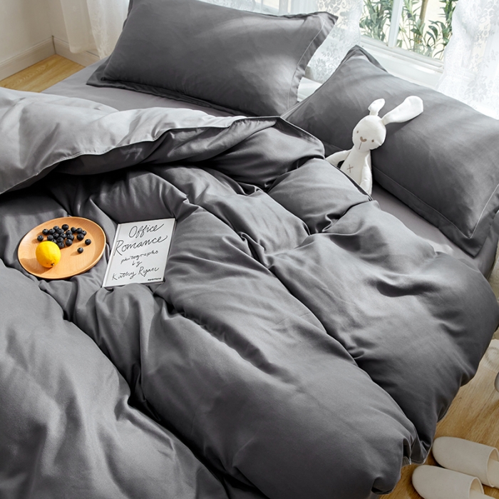 91家纺网 家纺一手货源 找家纺 贝拉梦 2021新款纯色拼色美棉系列四件套 深灰浅灰