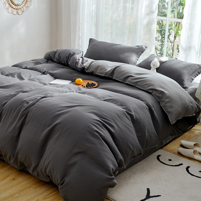 91家纺网 家纺一手货源 找家纺 贝拉梦 2021新款纯色拼色美棉系列四件套 深灰浅灰