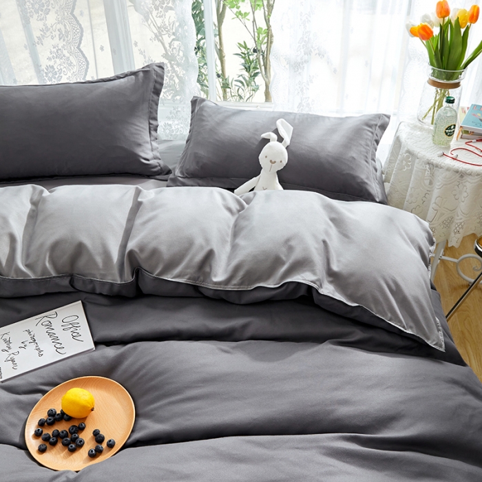 91家纺网 家纺一手货源 找家纺 贝拉梦 2021新款纯色拼色美棉系列四件套 深灰浅灰