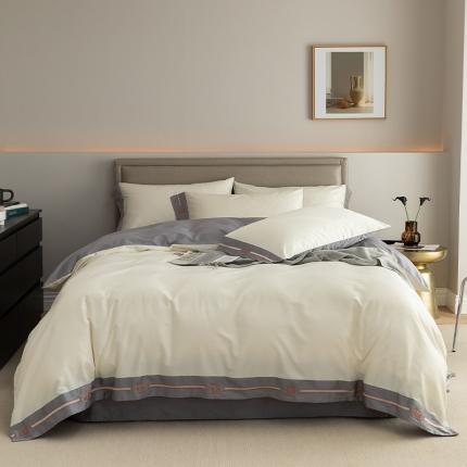 91家纺网 家纺一手货源 找家纺 瑞驰100支澳棉长绒棉刺绣四件套爱德拉系列 象牙白+摩登灰