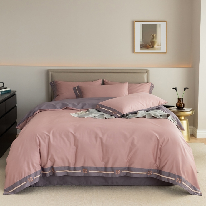 91家纺网 家纺一手货源 找家纺 瑞驰100支澳棉长绒棉刺绣四件套爱德拉系列 豆沙红+优雅紫