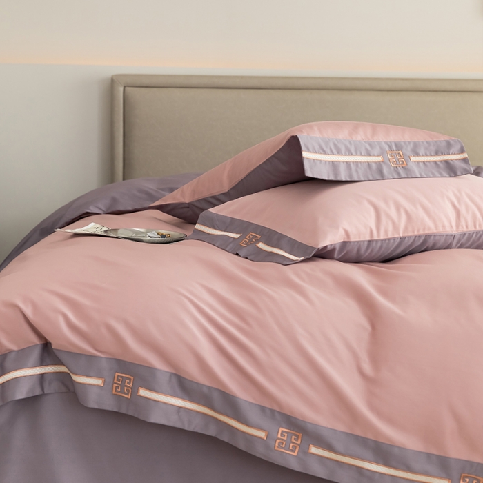 91家纺网 家纺一手货源 找家纺 瑞驰100支澳棉长绒棉刺绣四件套爱德拉系列 豆沙红+优雅紫