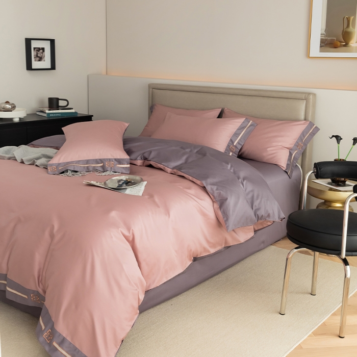 91家纺网 家纺一手货源 找家纺 瑞驰100支澳棉长绒棉刺绣四件套爱德拉系列 豆沙红+优雅紫