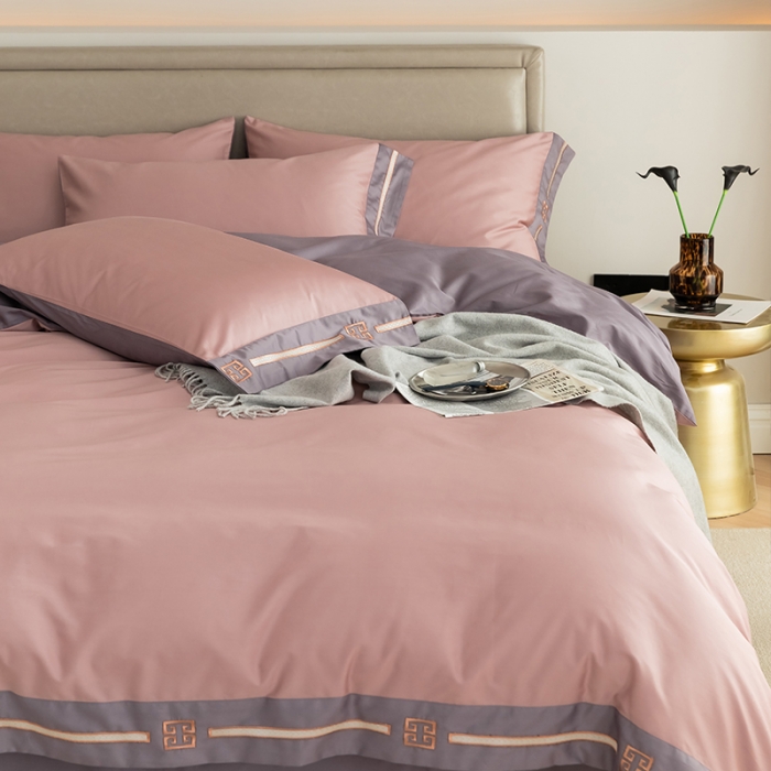 91家纺网 家纺一手货源 找家纺 瑞驰100支澳棉长绒棉刺绣四件套爱德拉系列 豆沙红+优雅紫