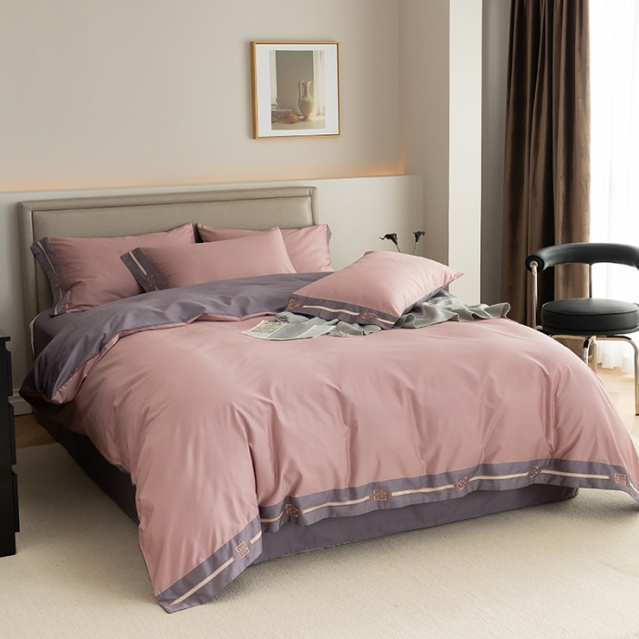 91家纺网 家纺一手货源 找家纺 瑞驰100支澳棉长绒棉刺绣四件套爱德拉系列 豆沙红+优雅紫