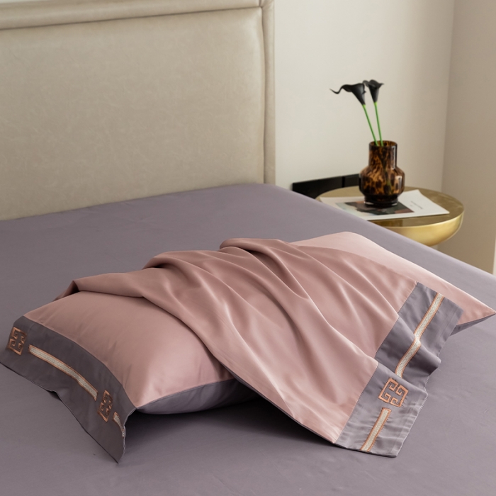 91家纺网 家纺一手货源 找家纺 瑞驰100支澳棉长绒棉刺绣四件套爱德拉系列 豆沙红+优雅紫