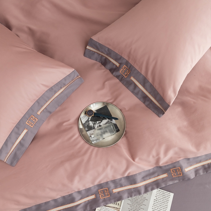 91家纺网 家纺一手货源 找家纺 瑞驰100支澳棉长绒棉刺绣四件套爱德拉系列 豆沙红+优雅紫