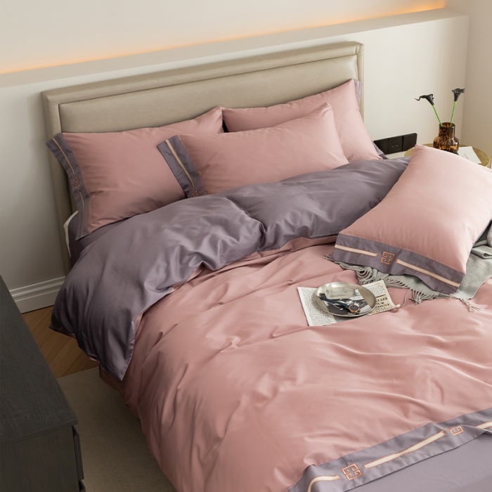 91家纺网 家纺一手货源 找家纺 瑞驰100支澳棉长绒棉刺绣四件套爱德拉系列 豆沙红+优雅紫