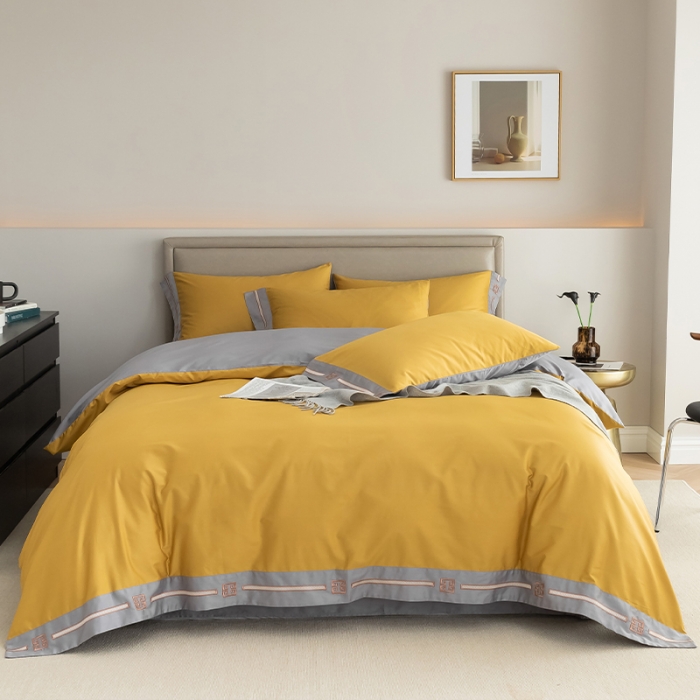 91家纺网 家纺一手货源 找家纺 瑞驰100支澳棉长绒棉刺绣四件套爱德拉系列 柠檬黄+摩登灰