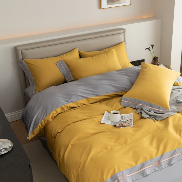 91家纺网 家纺一手货源 找家纺 瑞驰100支澳棉长绒棉刺绣四件套爱德拉系列 柠檬黄+摩登灰