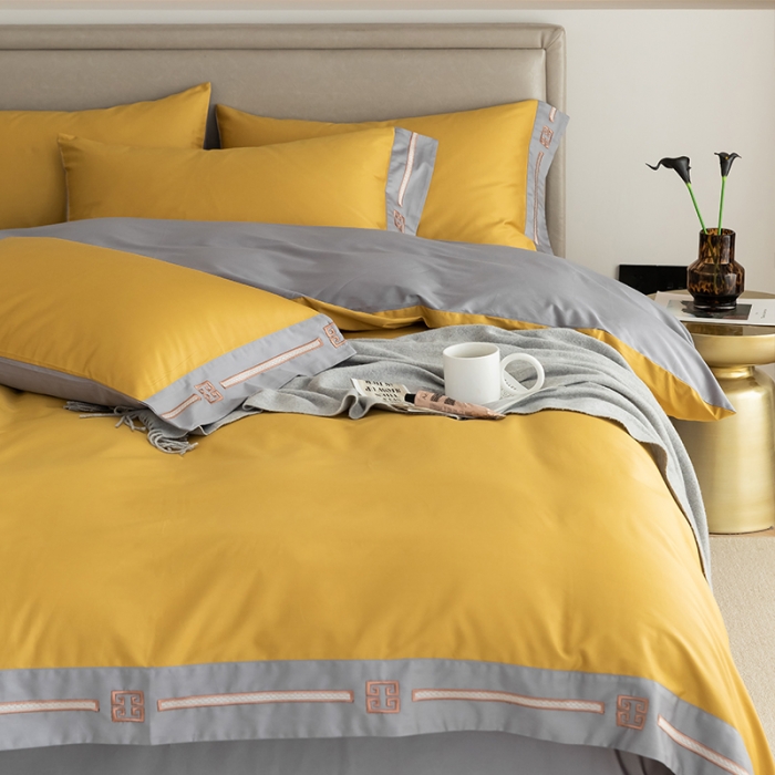 91家纺网 家纺一手货源 找家纺 瑞驰100支澳棉长绒棉刺绣四件套爱德拉系列 柠檬黄+摩登灰