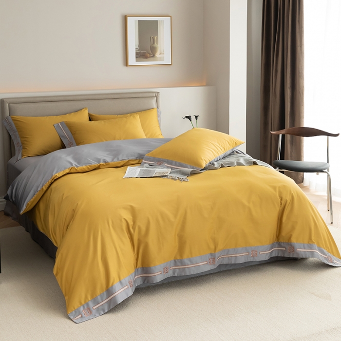 91家纺网 家纺一手货源 找家纺 瑞驰100支澳棉长绒棉刺绣四件套爱德拉系列 柠檬黄+摩登灰