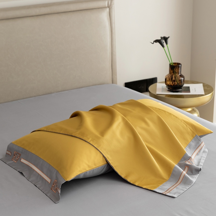 91家纺网 家纺一手货源 找家纺 瑞驰100支澳棉长绒棉刺绣四件套爱德拉系列 柠檬黄+摩登灰