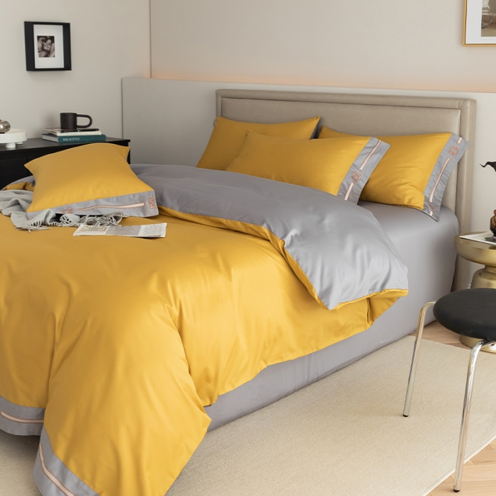 91家纺网 家纺一手货源 找家纺 瑞驰100支澳棉长绒棉刺绣四件套爱德拉系列 柠檬黄+摩登灰