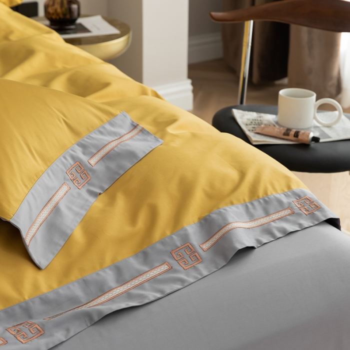 91家纺网 家纺一手货源 找家纺 瑞驰100支澳棉长绒棉刺绣四件套爱德拉系列 柠檬黄+摩登灰