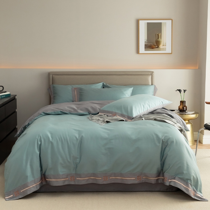 91家纺网 家纺一手货源 找家纺 瑞驰100支澳棉长绒棉刺绣四件套爱德拉系列 清水绿+摩登灰