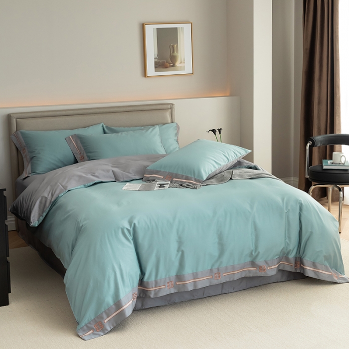 91家纺网 家纺一手货源 找家纺 瑞驰100支澳棉长绒棉刺绣四件套爱德拉系列 清水绿+摩登灰