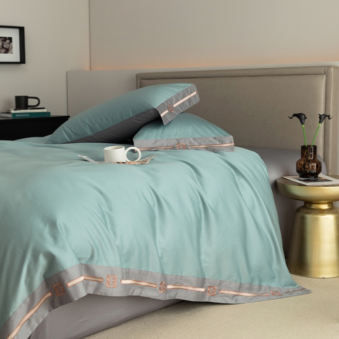 91家纺网 家纺一手货源 找家纺 瑞驰100支澳棉长绒棉刺绣四件套爱德拉系列 清水绿+摩登灰