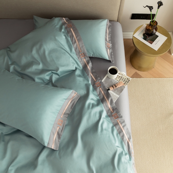 91家纺网 家纺一手货源 找家纺 瑞驰100支澳棉长绒棉刺绣四件套爱德拉系列 清水绿+摩登灰