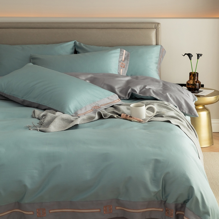 91家纺网 家纺一手货源 找家纺 瑞驰100支澳棉长绒棉刺绣四件套爱德拉系列 清水绿+摩登灰