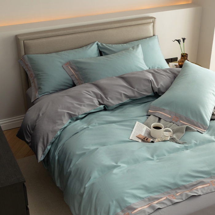 91家纺网 家纺一手货源 找家纺 瑞驰100支澳棉长绒棉刺绣四件套爱德拉系列 清水绿+摩登灰