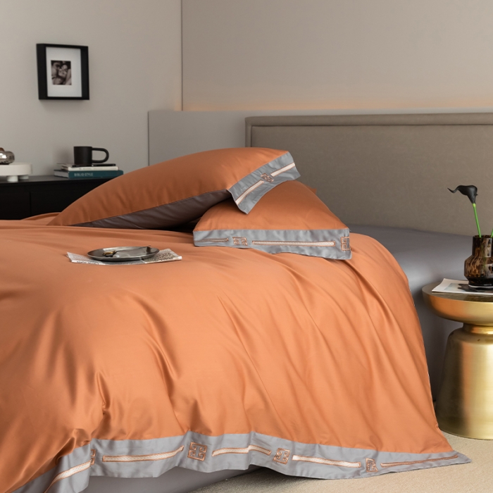 91家纺网 家纺一手货源 找家纺 瑞驰100支澳棉长绒棉刺绣四件套爱德拉系列 时尚桔+摩登灰