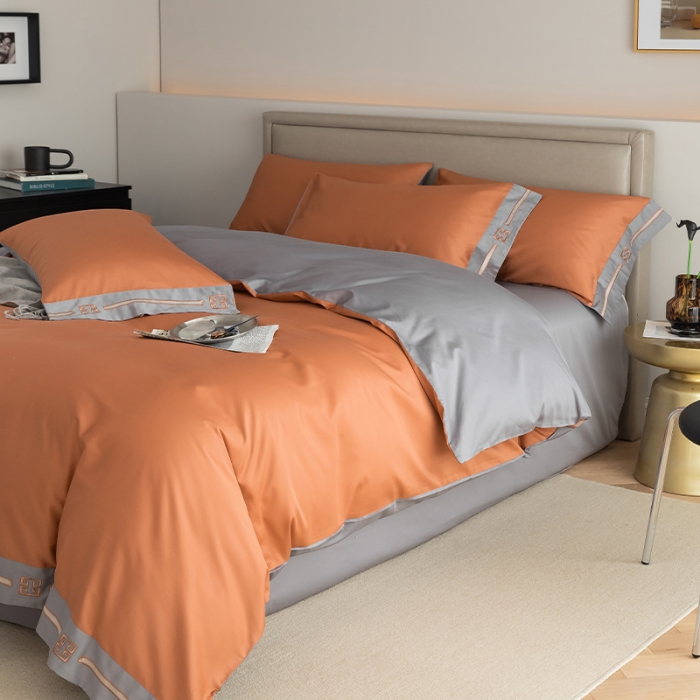 91家纺网 家纺一手货源 找家纺 瑞驰100支澳棉长绒棉刺绣四件套爱德拉系列 时尚桔+摩登灰