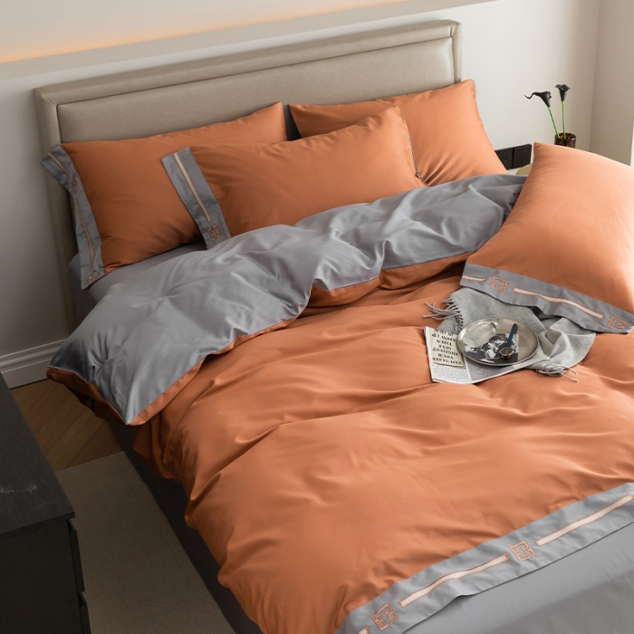 91家纺网 家纺一手货源 找家纺 瑞驰100支澳棉长绒棉刺绣四件套爱德拉系列 时尚桔+摩登灰