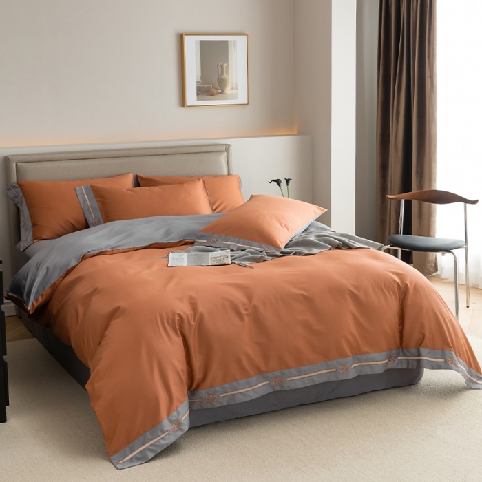 91家纺网 家纺一手货源 找家纺 瑞驰100支澳棉长绒棉刺绣四件套爱德拉系列 时尚桔+摩登灰