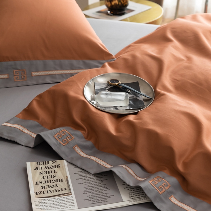 91家纺网 家纺一手货源 找家纺 瑞驰100支澳棉长绒棉刺绣四件套爱德拉系列 时尚桔+摩登灰