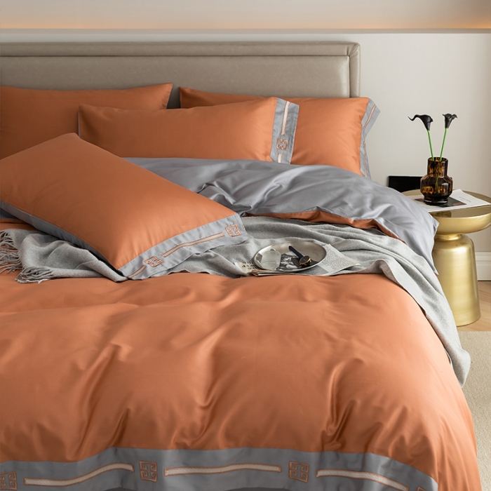 91家纺网 家纺一手货源 找家纺 瑞驰100支澳棉长绒棉刺绣四件套爱德拉系列 时尚桔+摩登灰