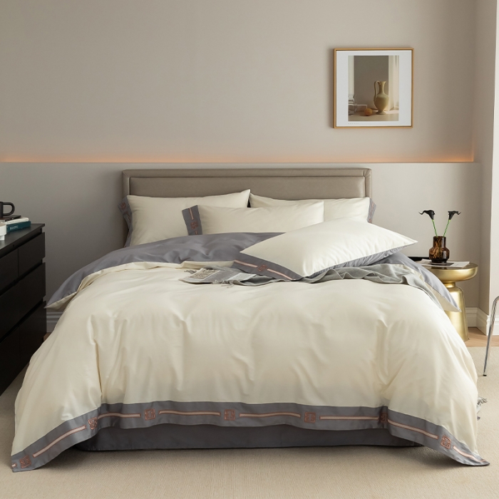 91家纺网 家纺一手货源 找家纺 瑞驰100支澳棉长绒棉刺绣四件套爱德拉系列 象牙白+摩登灰