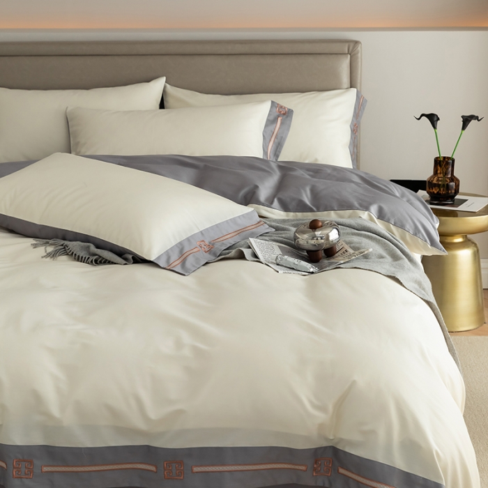 91家纺网 家纺一手货源 找家纺 瑞驰100支澳棉长绒棉刺绣四件套爱德拉系列 象牙白+摩登灰