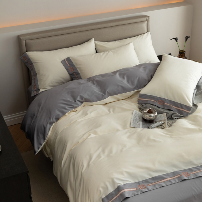 91家纺网 家纺一手货源 找家纺 瑞驰100支澳棉长绒棉刺绣四件套爱德拉系列 象牙白+摩登灰