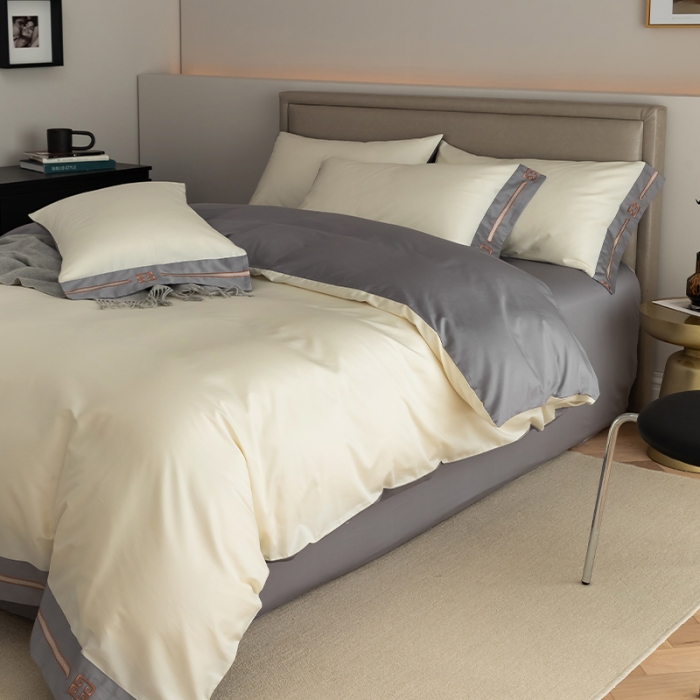 91家纺网 家纺一手货源 找家纺 瑞驰100支澳棉长绒棉刺绣四件套爱德拉系列 象牙白+摩登灰