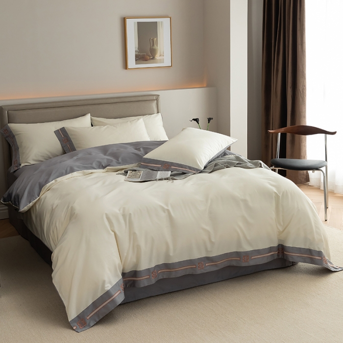 91家纺网 家纺一手货源 找家纺 瑞驰100支澳棉长绒棉刺绣四件套爱德拉系列 象牙白+摩登灰