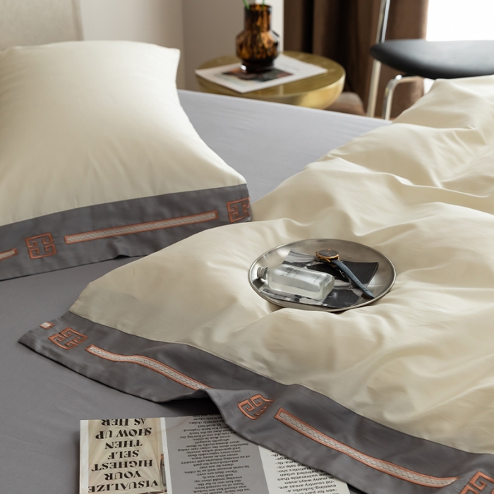 91家纺网 家纺一手货源 找家纺 瑞驰100支澳棉长绒棉刺绣四件套爱德拉系列 象牙白+摩登灰